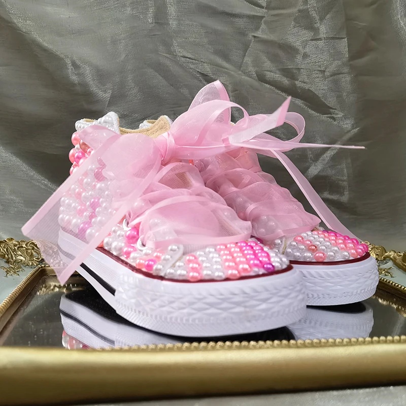 Rainbow Pearls Sneakers Birthday Party Kids Canvas Shoes Crown DIY For Girl Communion Customized Shoes Dollbling Handmade Bling