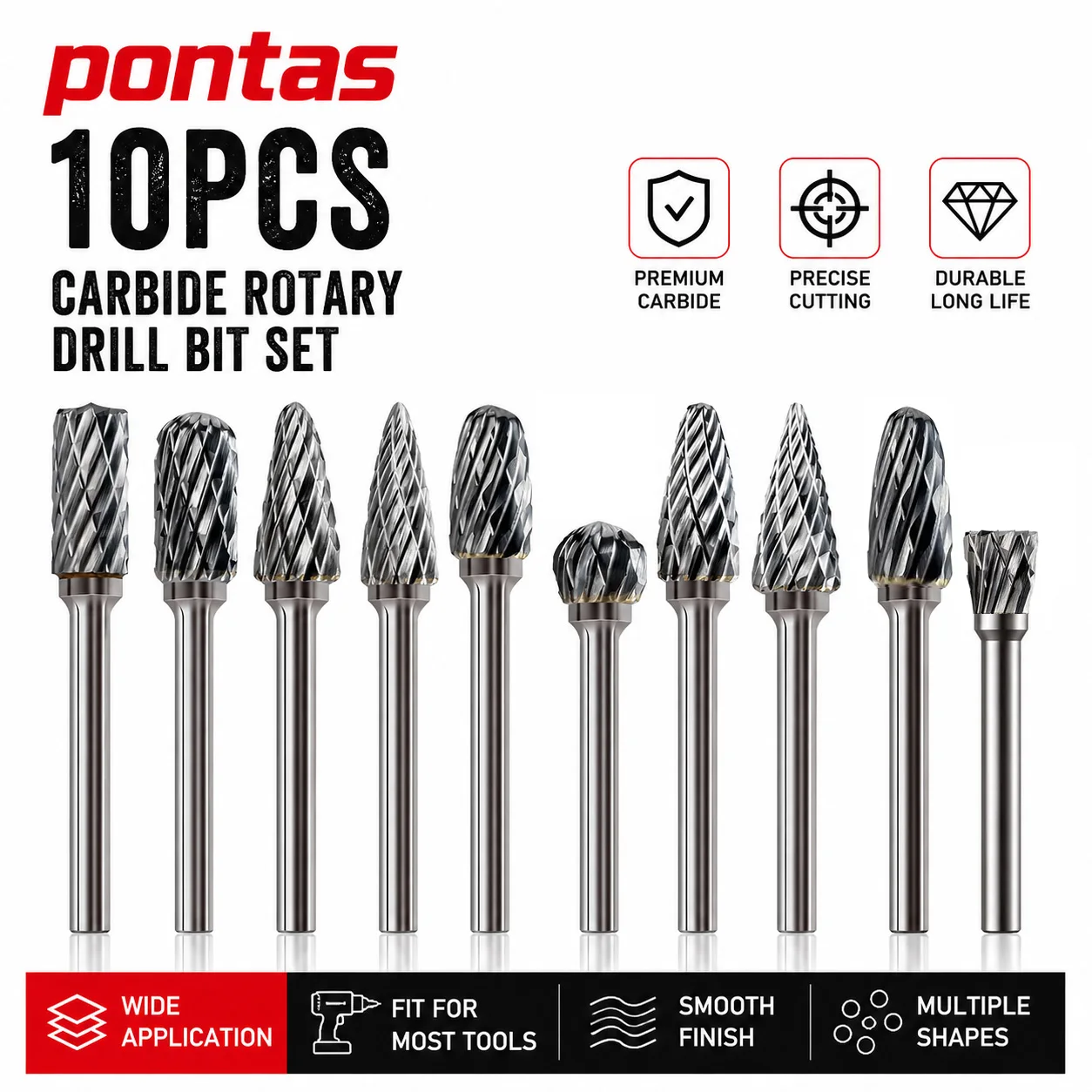Doppelschneidiger Hartmetallfräser-Satz, 10 Formen für Metall/Holz/Kunststoff, 1/8 Zoll Schaft, schnelles vibrationsfreies Schneiden & Gravieren