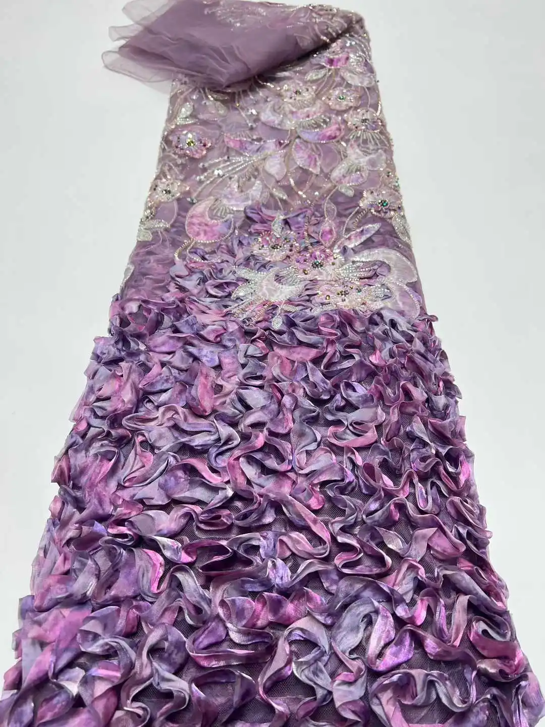 

Latest 3D Flower Embroidery Beaded Sequins African Lace Fabric 2025 High Quality Nigerian French Ladies Wedding Material.
