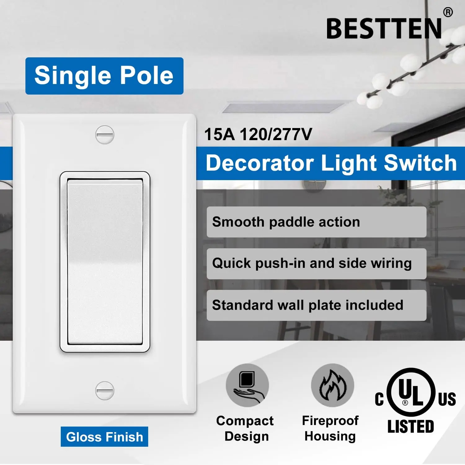 [50 Pack] BESTTEN Single Pole Decorator Wall Light Switch with Wallplate, 15A 120/277V, On/Off Rocker Paddle Interrupter