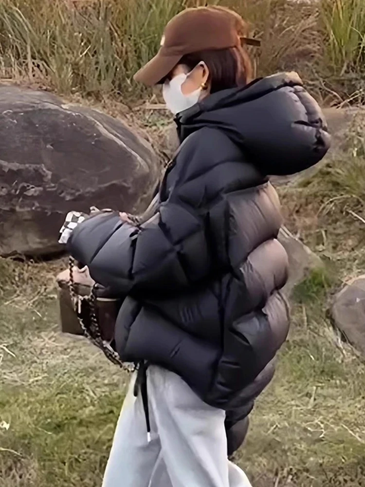 

Trendy Thiened Hooded American Sle Bread Coat Women Winter New Loose Cotton Jaet Korean Version Commute Long Sve Zipper