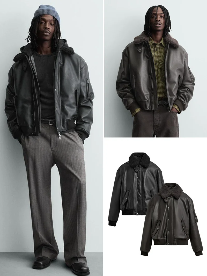 

Faionable Detachable Collar Leather Effect Cotton Jaet Men's Winter New Arrival Stand Fit Urban Sle Long Sve Zipp...