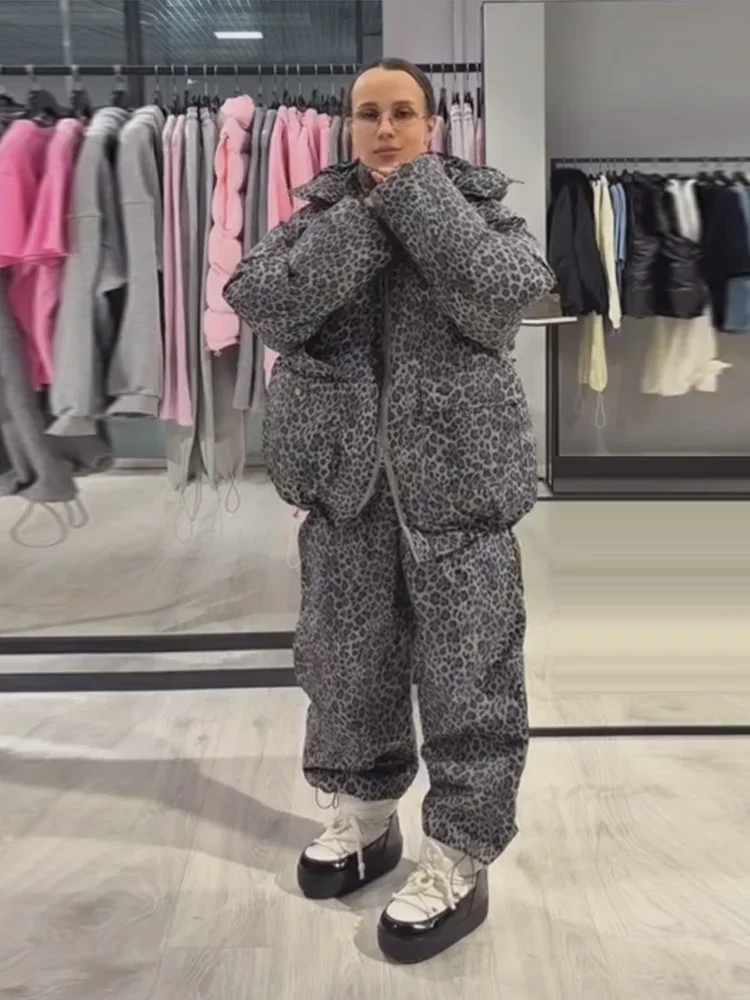 Women Gray Leopard Print Soft Hooded Zip Pocket Puffer Jogger Sets Chic Long Sleeve Hem Outfits Winter Daily Street Coordinates