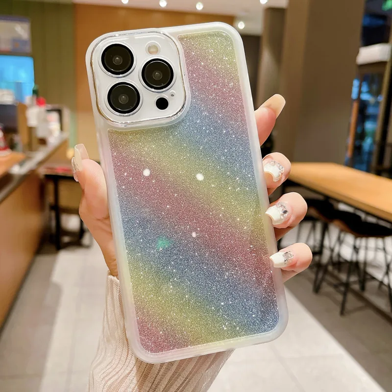 Comes With Lens Film Phone Case For IPhone 15 14 Pro Max 13 12 11 Xs Xr 7 8 Plus SE2/SE3 Rainbow Glitter TPU Soft Back Cover