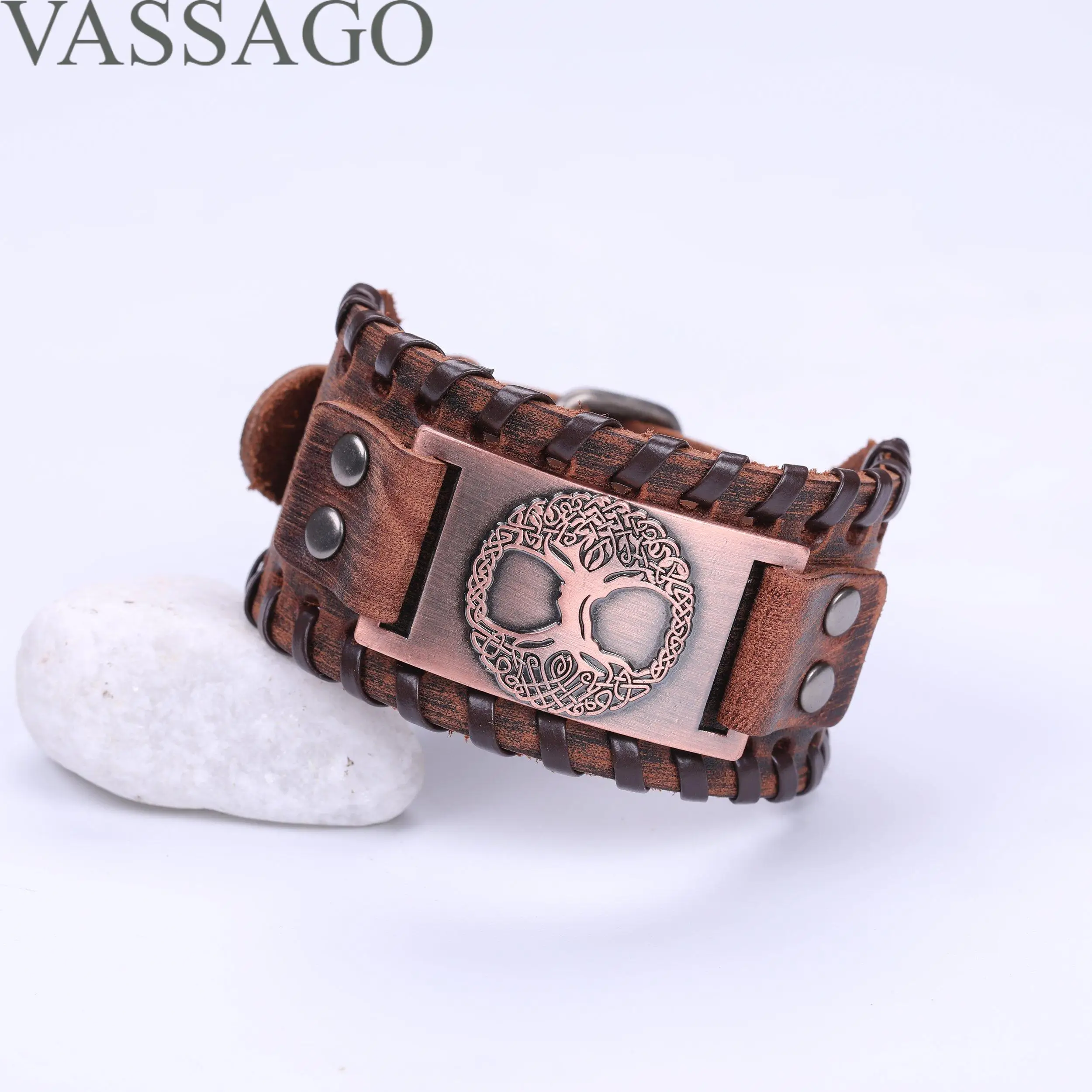 Amulet Norse Viking Tree of Life Yggdrasil Celtic Knot Metal Brown Leather Bracelet for Men (brown leather, antique copper)