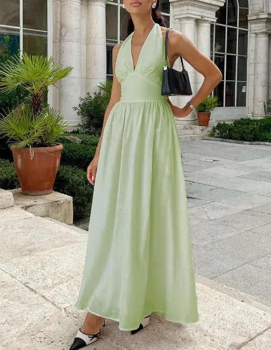 

Women Dresses 2026 Spring Summer New Solid Color V-Neck Temperament Backless Lace Up Waist Cinching Casual Big Swing Dress