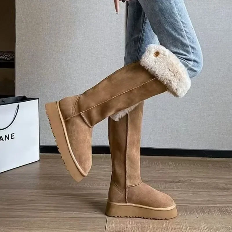 Turned-over Edge Knee-high Snow Boots Flat with Slip-on Ladies Shoes 2024 High Quality Round Toe Mid Heel Concise Women's Boots