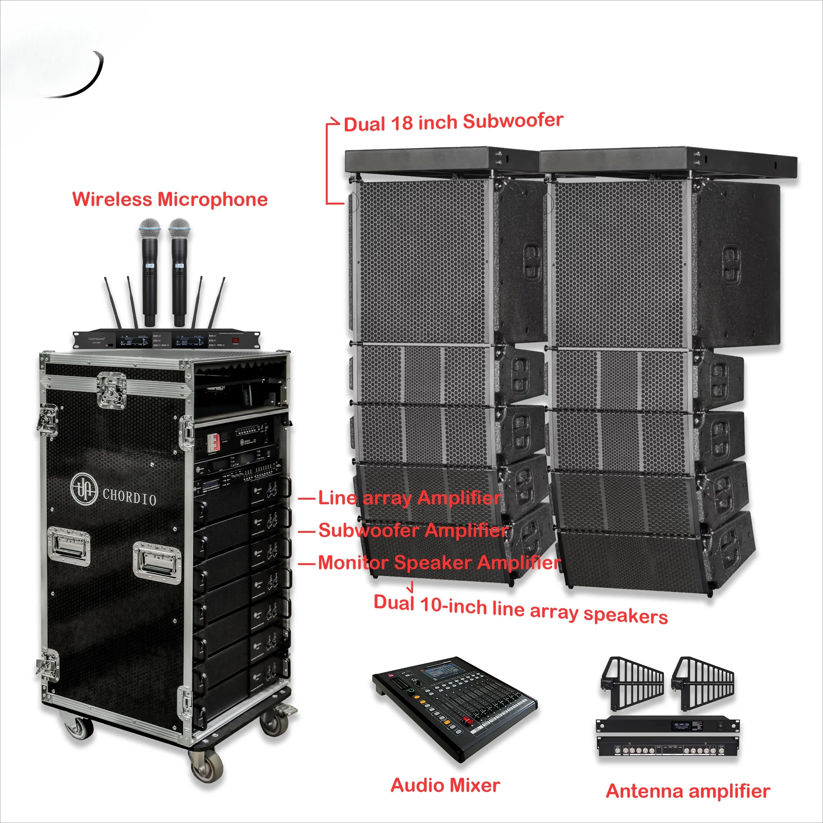 

CHORDIO CH-210 Dual 10 inch Line Array Speaker Professional Sound System, 3-channel Audio Sound System with 12 Channel Amplifier