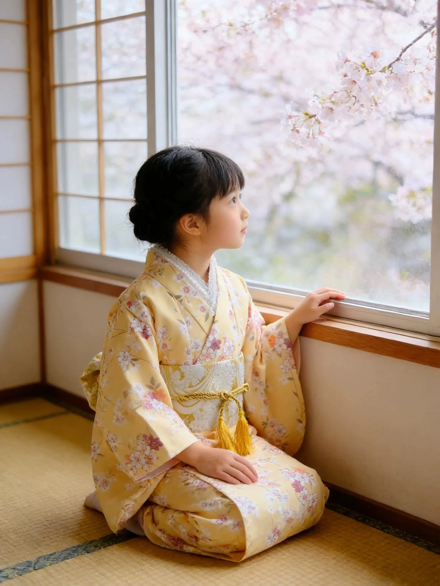 Children's Japanese Traditional Kimono Girls Yellow Color Floral Prints Yukata Stage Performance Dress COS Costume