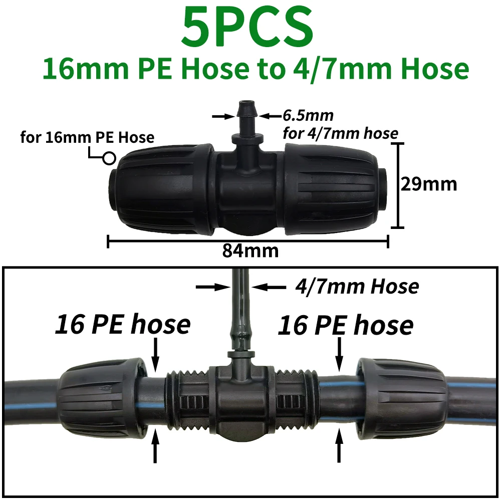 Oasis PE 파이프 커넥터 스플리터 티 커플링 나사산 잠금, 정원 급수 드립 관개 호스, 5 개, 16mm, 1/2 인치, 4mm, 7mm, 3mm, 5mm