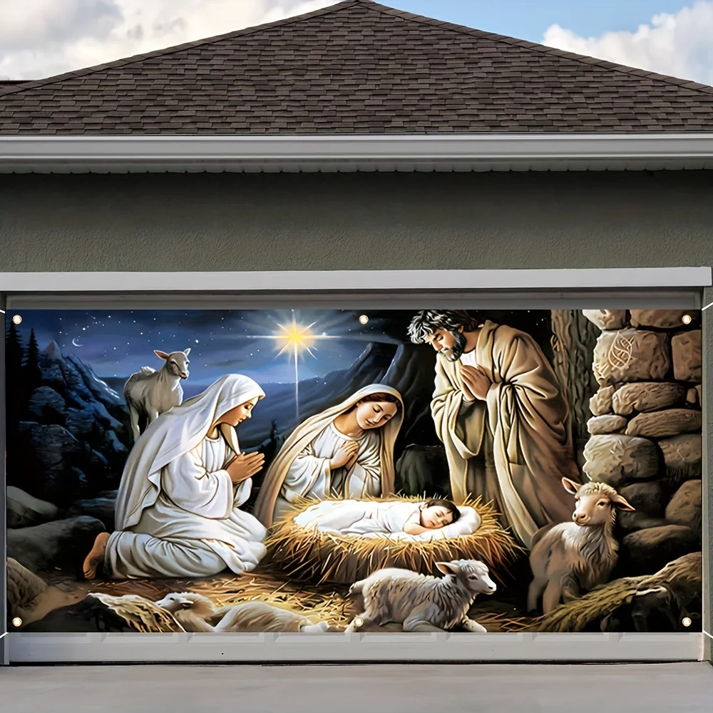 مشهد ميلاد كبير ولافتة جراج صلاة مريم العذراء - ألياف بوليستر متينة، مناسبة لتزيين عيد الميلاد #1