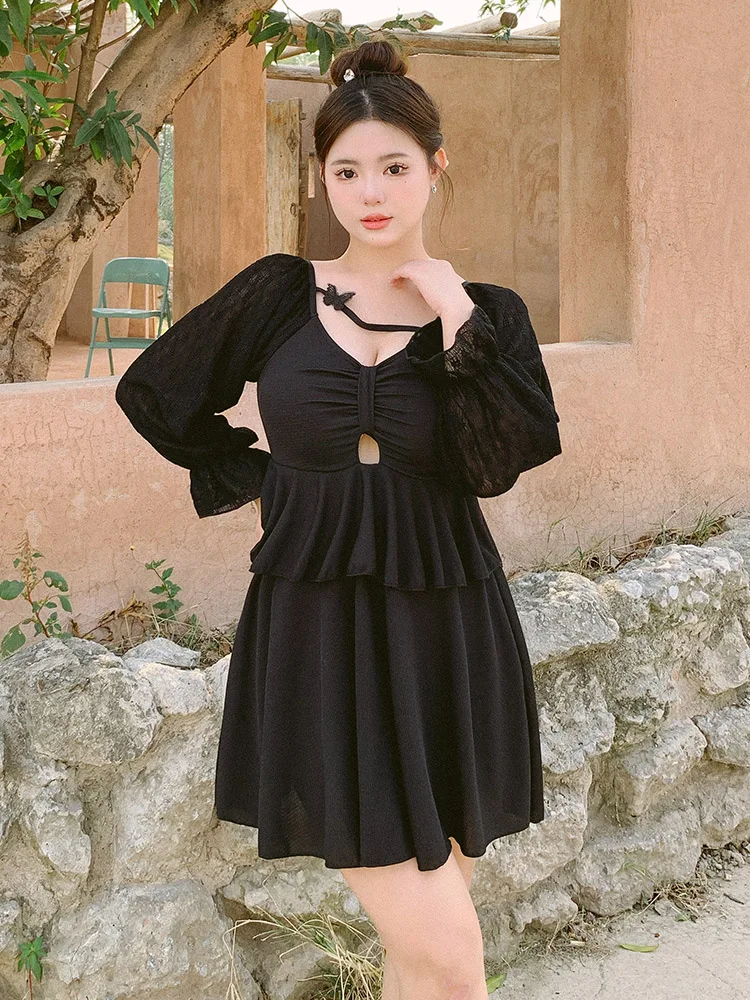 

Black plus Size Swimsuit Women's Flattering Leg Covering Casual Style High Elasticity Long Sleeve Removable Pad