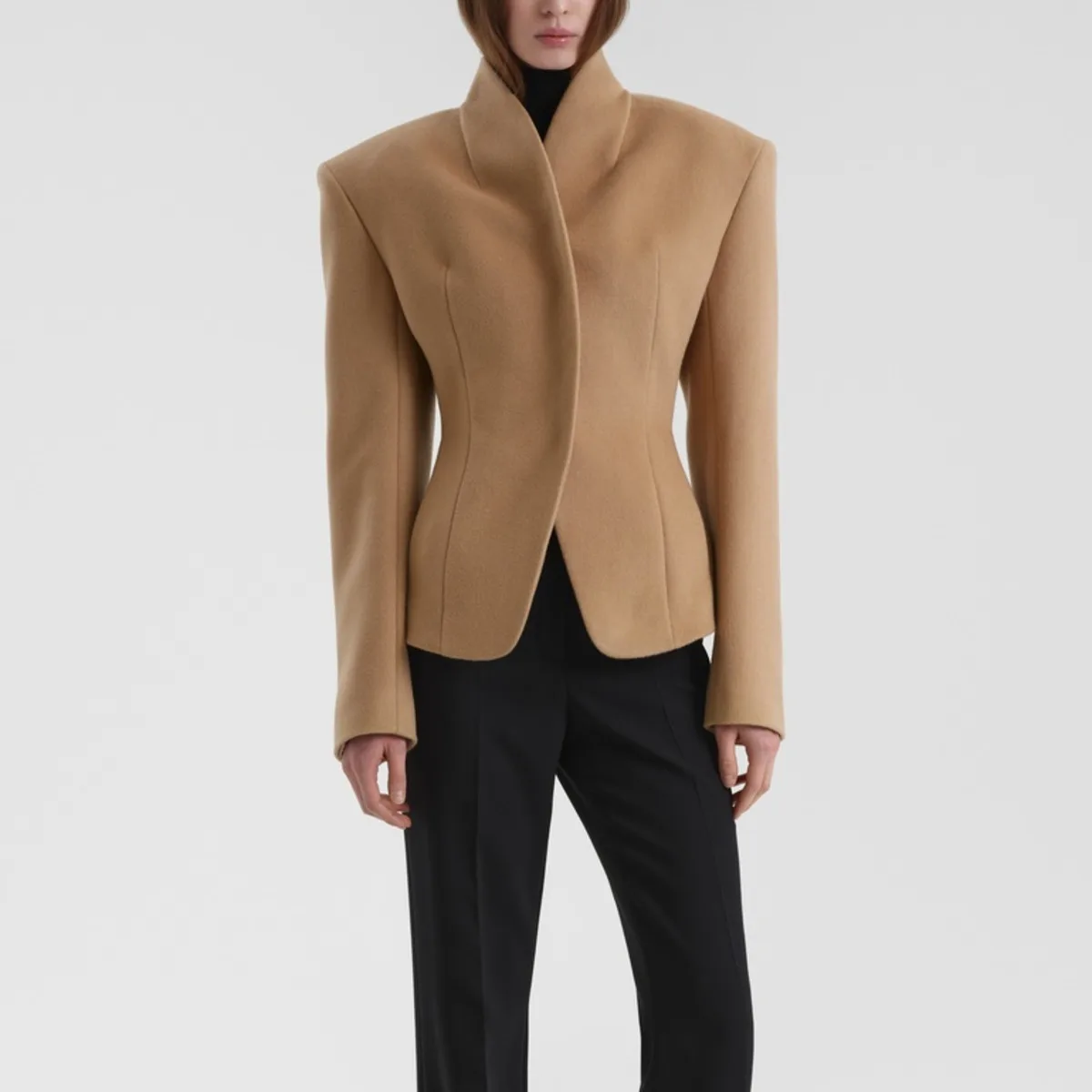 IG Women Stand Collar Padded Shoulder Waisted Blend Blazer, Single Breasted Tailored Elegant Office Winter Outerwear