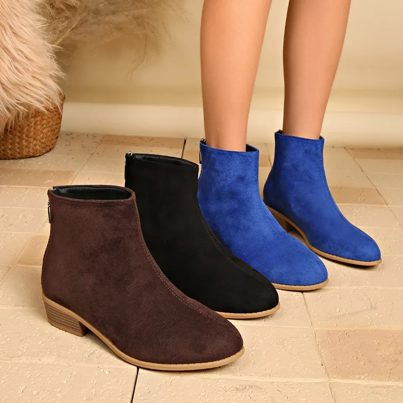 Spring Autumn Round Toe Mid Heel Back Zipper Women's Ankle Boots 2026 New Simple Style Solid Comfort Casual Daily Women Boots