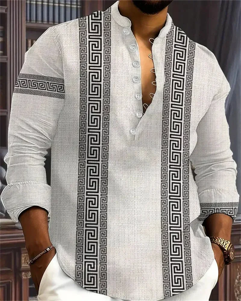 

New Men's Henry Collar Linen Long Sleeve Casual Shirt Ethnic Print High Quality Top Fits Everyday 2026.