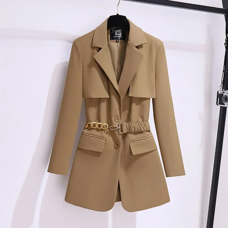 Khaki Women Suits 1 Piece Blazer With Belt Jacket Formal Single Breasted Office Lady Business Work Wear Long Coat Fall Outfit