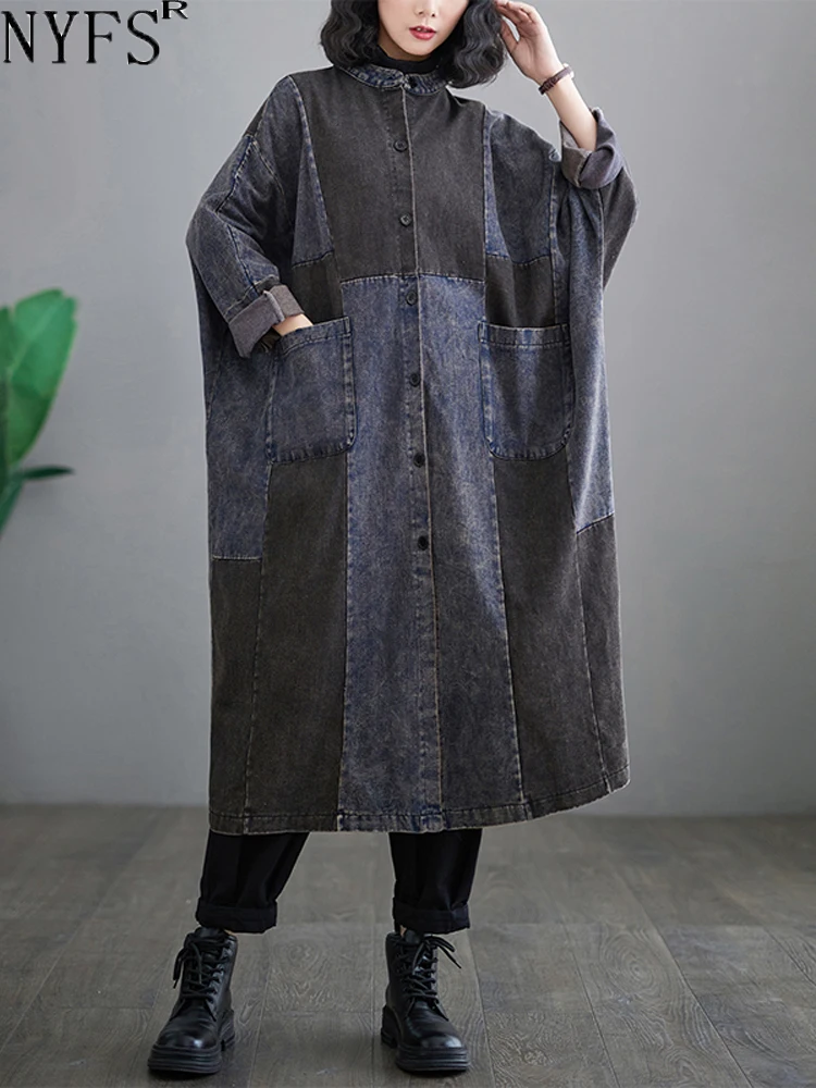 NYFS 2024 New Spring Autumn Big size Loose Single Breasted Denim Trench Coat Women Vintage Patchwork Long Denim Windbreaker