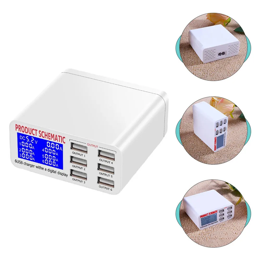6 Ports USB Charger Multi Ports Power Adapter LCD Display Smart Charging Multi Device Power Charger Station Overvoltage