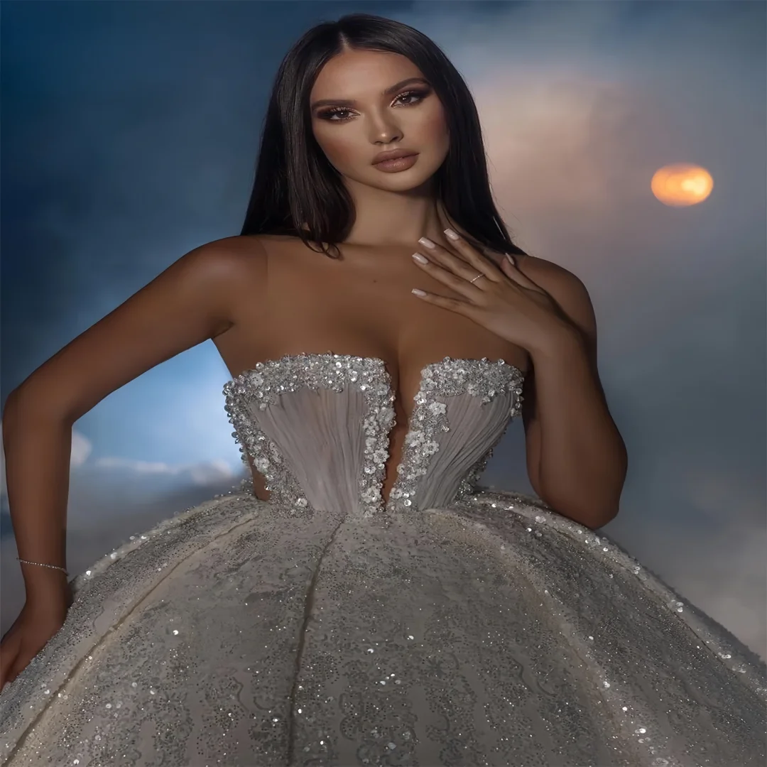 Customized Charming Strapless Bridal Dresses  Shining brightly   Wedding Dress Romantic A-Line Train  vestidos de novia