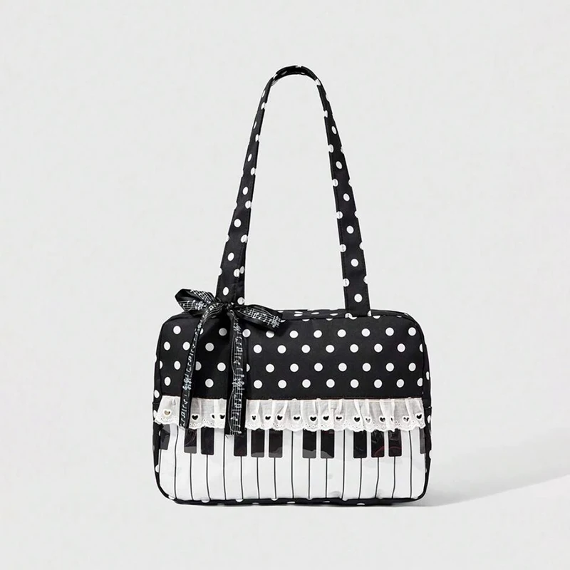 Polka Dot Piano Key Lace Ribbon Umhängetasche, Kontrastfarbe Patchwork Große Damen Bowling Tote Bag, Y2k Girls Wave Point Handtasche – Detail 2