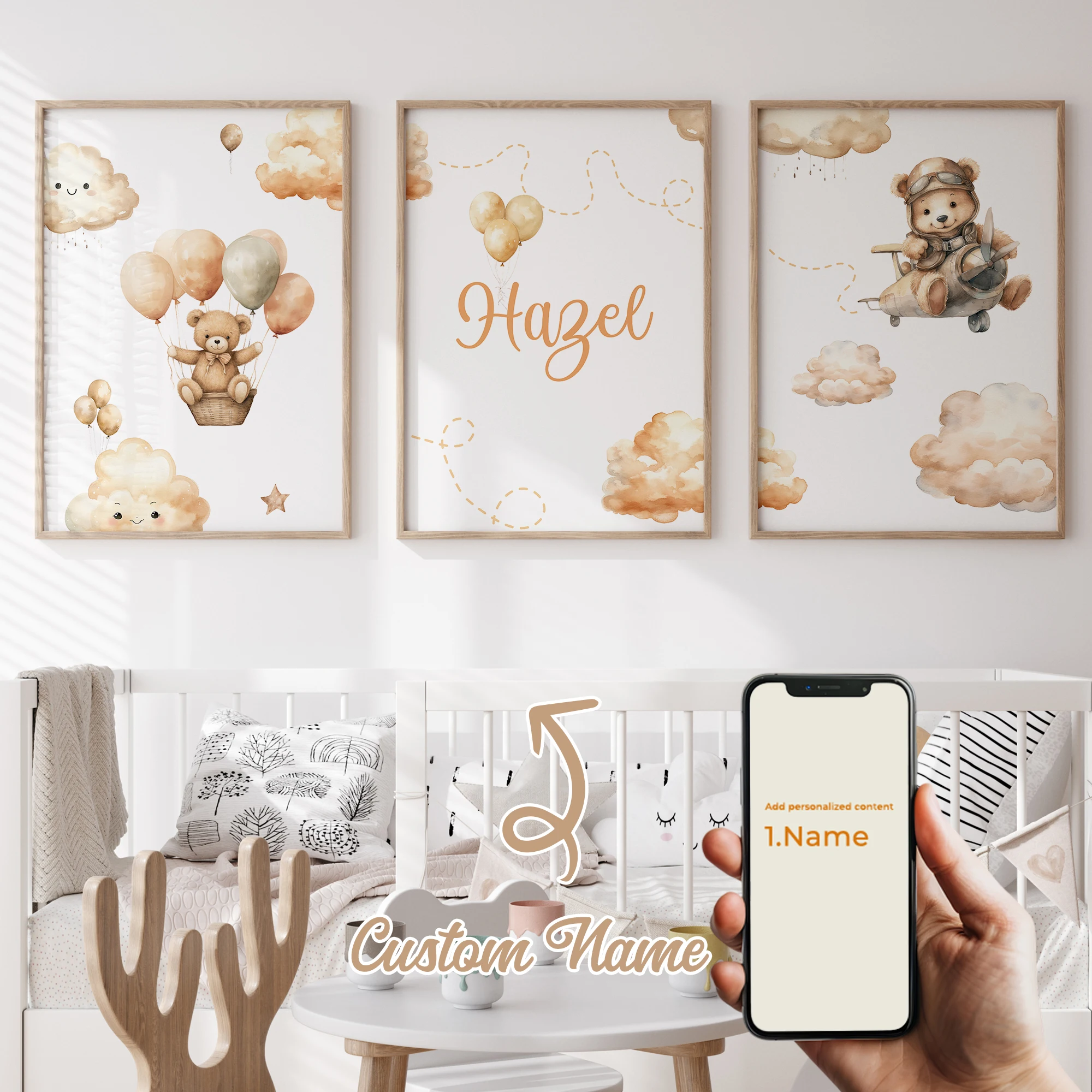 

3pcs Personalized Custom Name Cartoon Yellow Teddy Bear Wall Art Print Picture Canvas Poster Painting For Living Room Home Decor