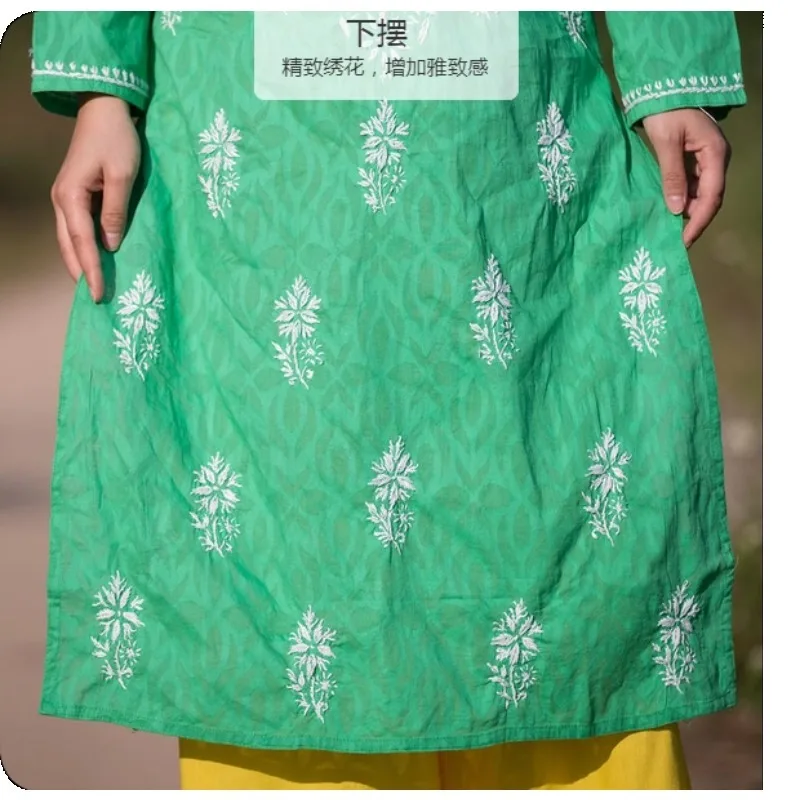 سترة نسائية كورتي هندية/باكستانية مطرزة للربيع والصيف فستان تقليدي رقيق من جنوب آسيا بلوزة خضراء من القطن