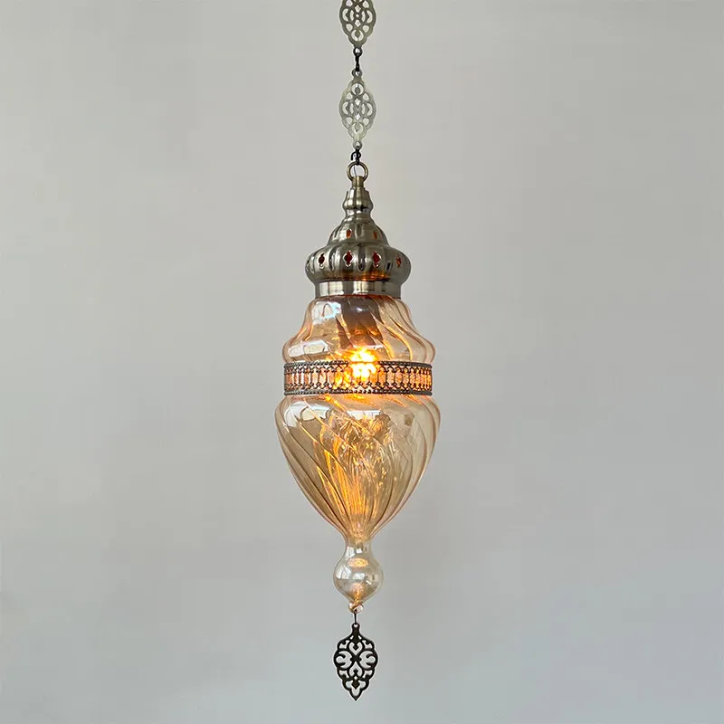 Vintage Moroccan Glass Pendant Light Amber Swirled Hanging Lamp LED Kitchen Bar Bedroom Cafe Living Room Restaurant Hall Fixture