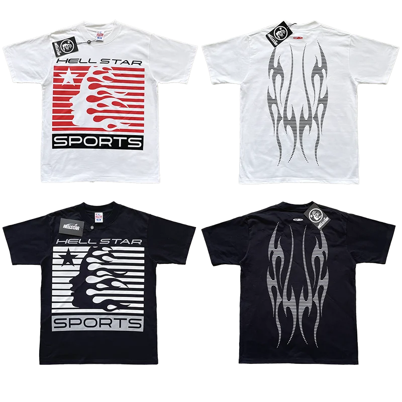 Hellstar Studios Tee Fire Letter Print Stripe Side Face Unisex Short Sleeve T-Shirt Cotton Breathable Casual round Neck Top
