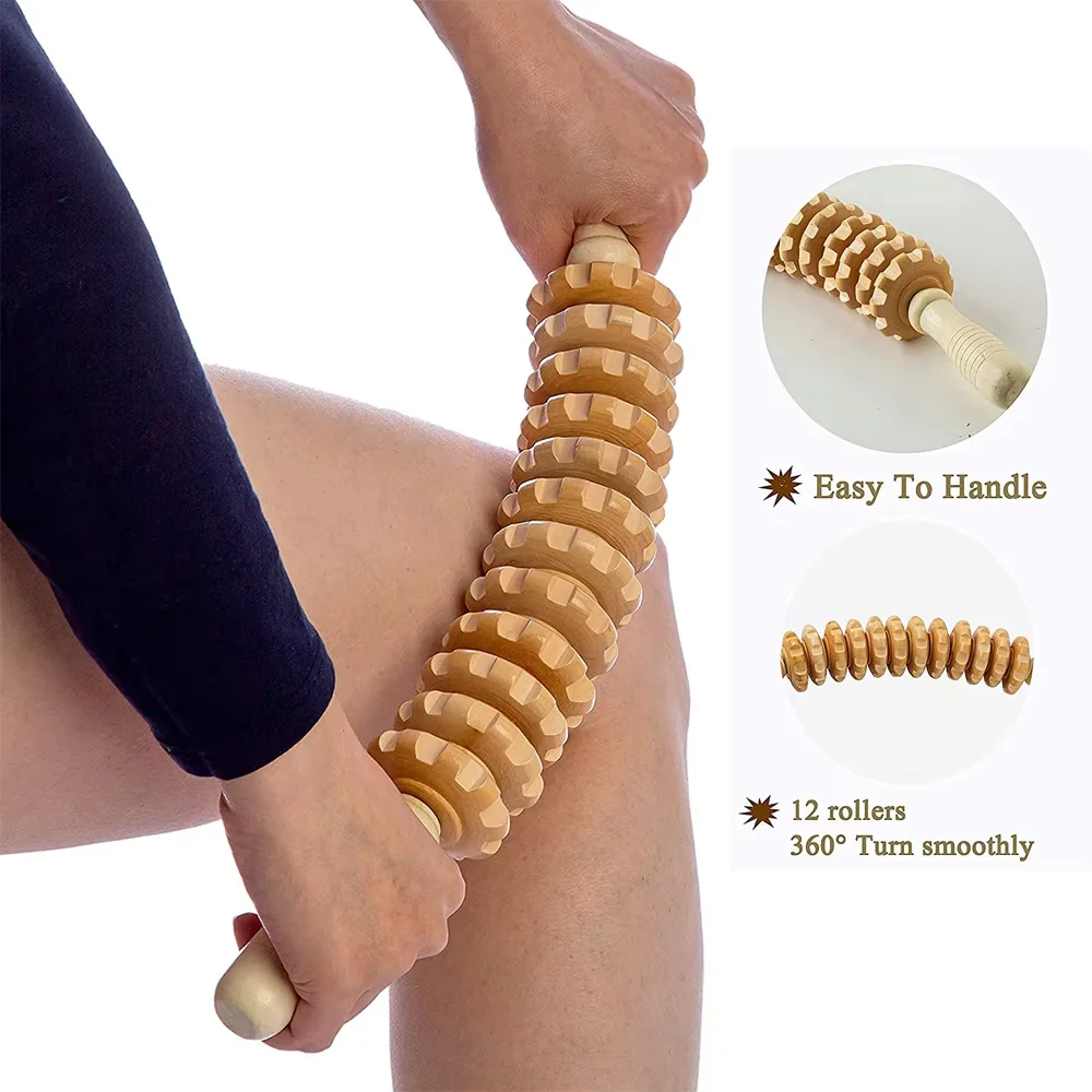 Body Fascia Massager Anti-slip Handle Wood Grooved Gear Arms Legs Thighs Buttocks Smooth Roller Massager for Back Relaxation