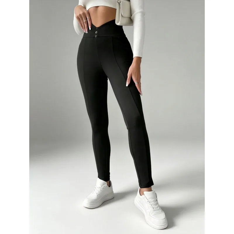 Winter Fleece Lined Leggings for Women V Shaped High Waist Butt Lift 3D Center Stitch Slim Nine Length Elastic Commuter Pants