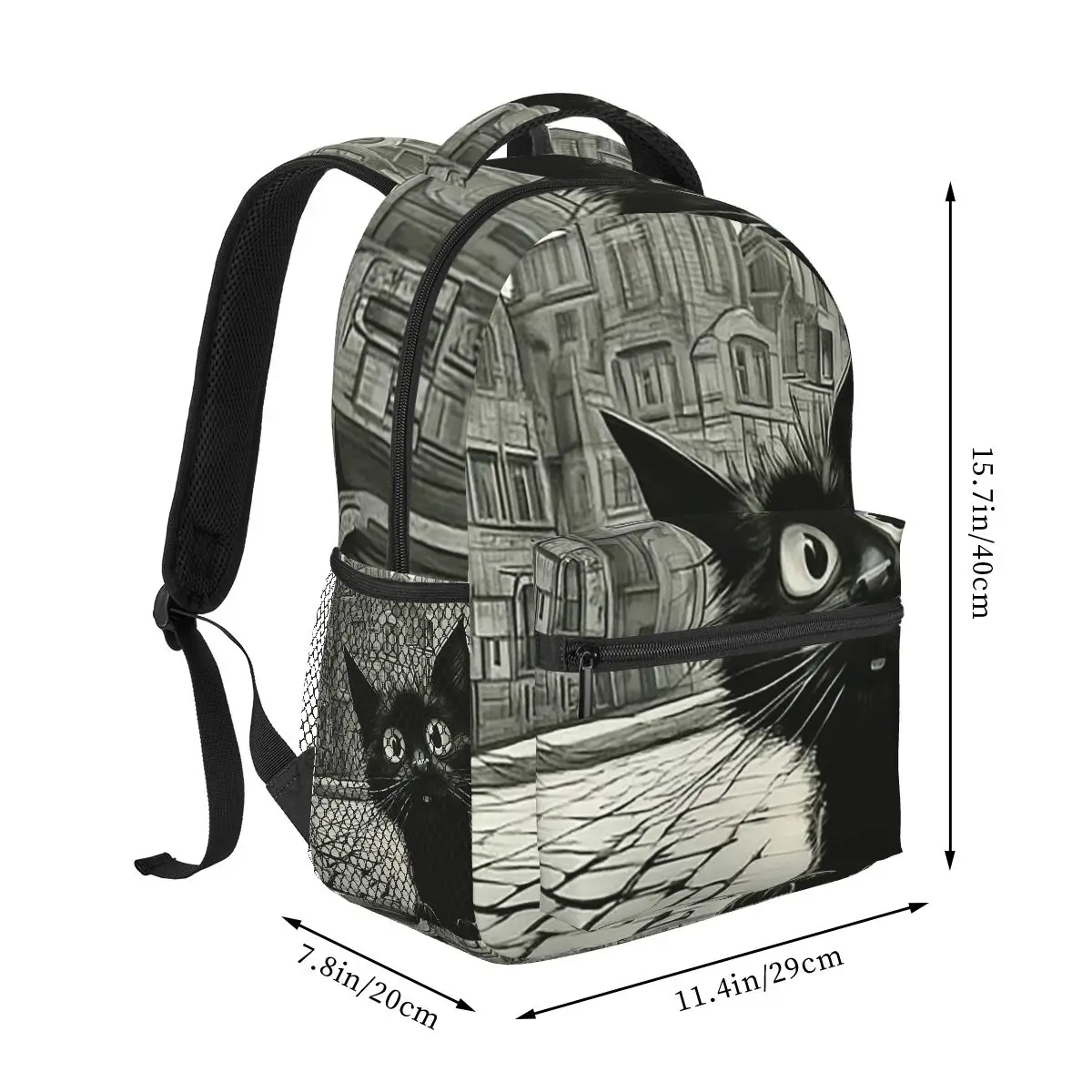 Retro Black Cat And European Street Scene Student Backpack School Bag Hiking Travel Daypack for Boys Girls Bookbag Shoulder Bags