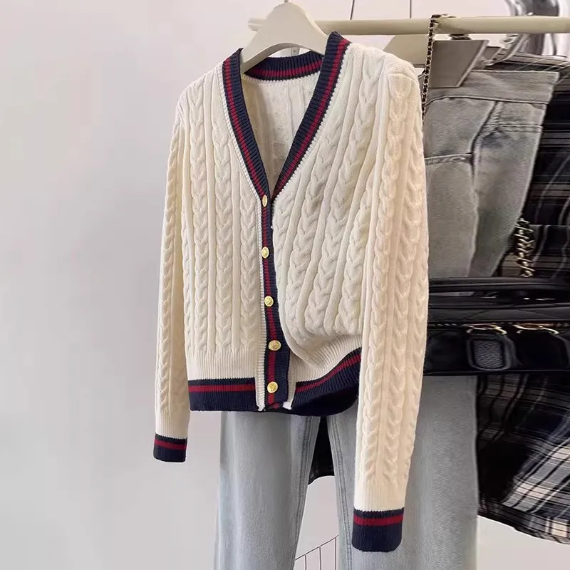 

College-style V-neck 100% pure wool cardigan women's contrasting color fake two-piece spring and autumn knitted sweater jacket