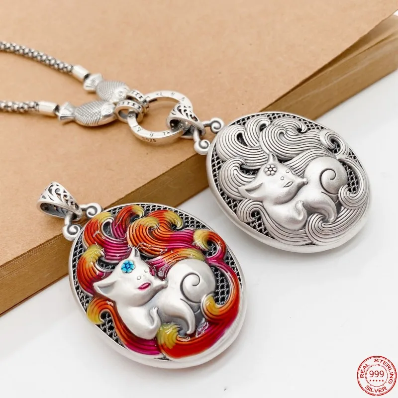 Genuine S999 Sterling Silver Pendans for Women New Fashion Enamel Vintage Hollow Double-sided Nine-tail Fox Ethnic Style Jewelry