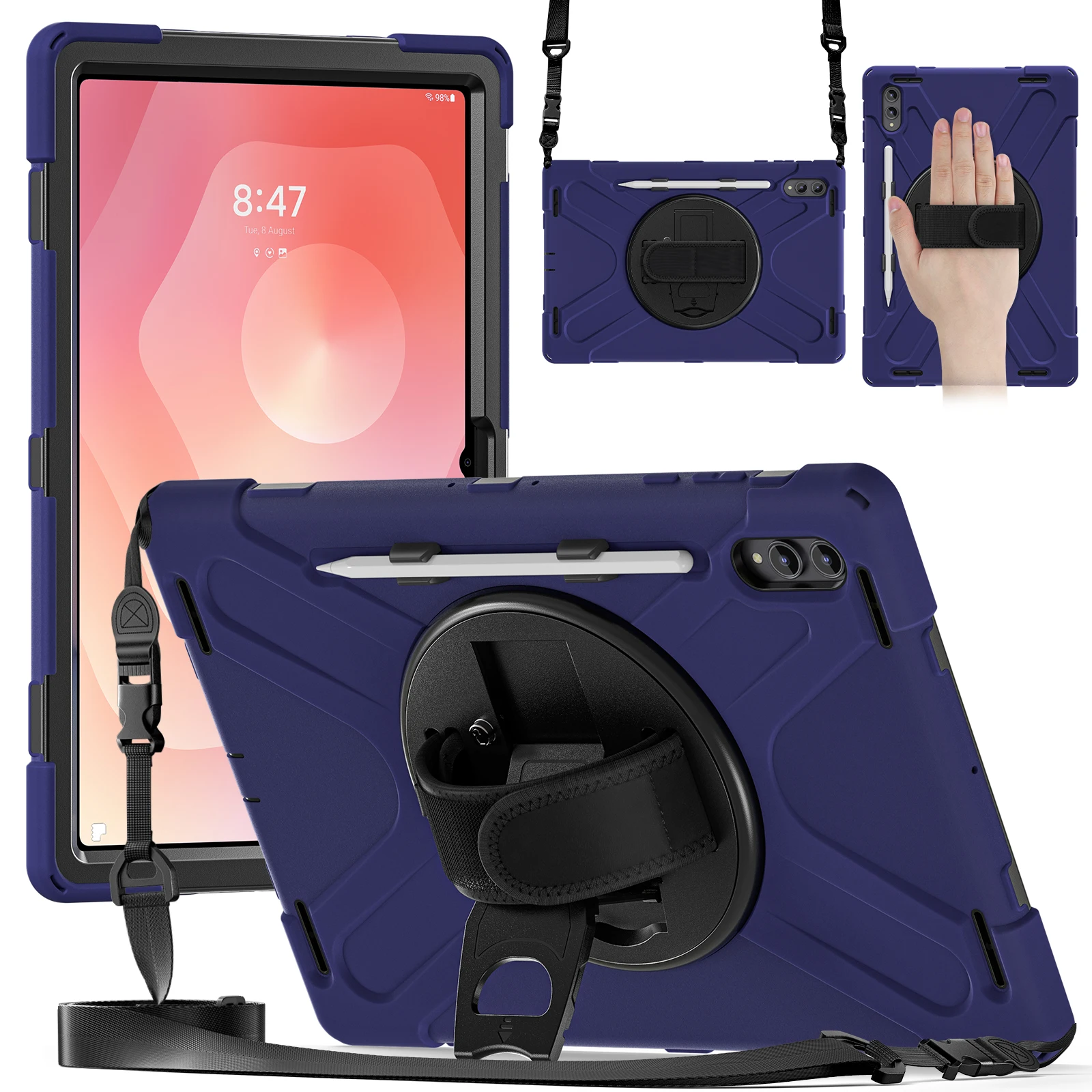 For Samsung Galaxy Tab S11 Ultra Kickstand Case TPU PC Silicone Tablet Cover with Shoulder Strap - Navy Blue