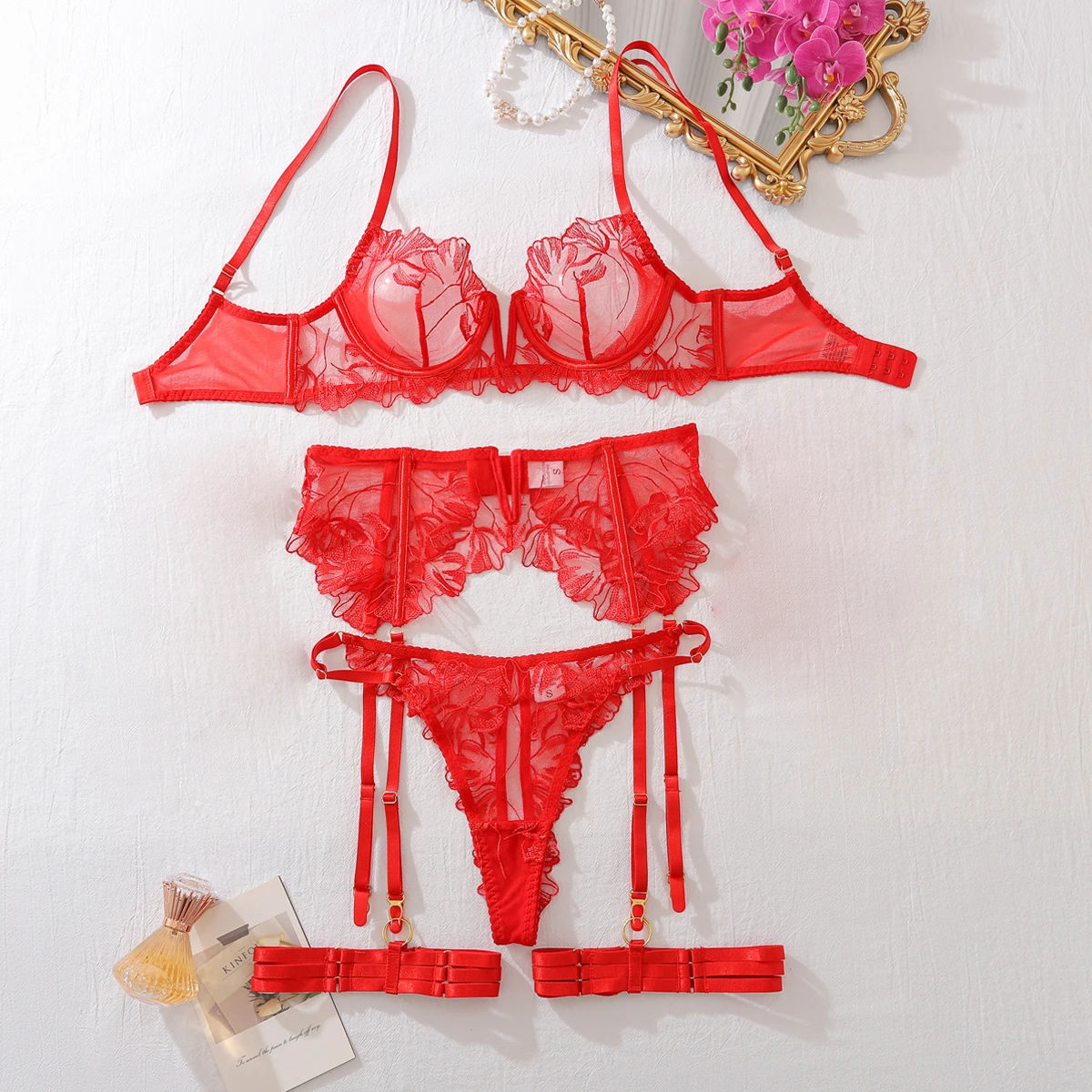 

Sexy hollow comfortable suspender transparent lace sexy adult bra set, garter belt glove four piece set
