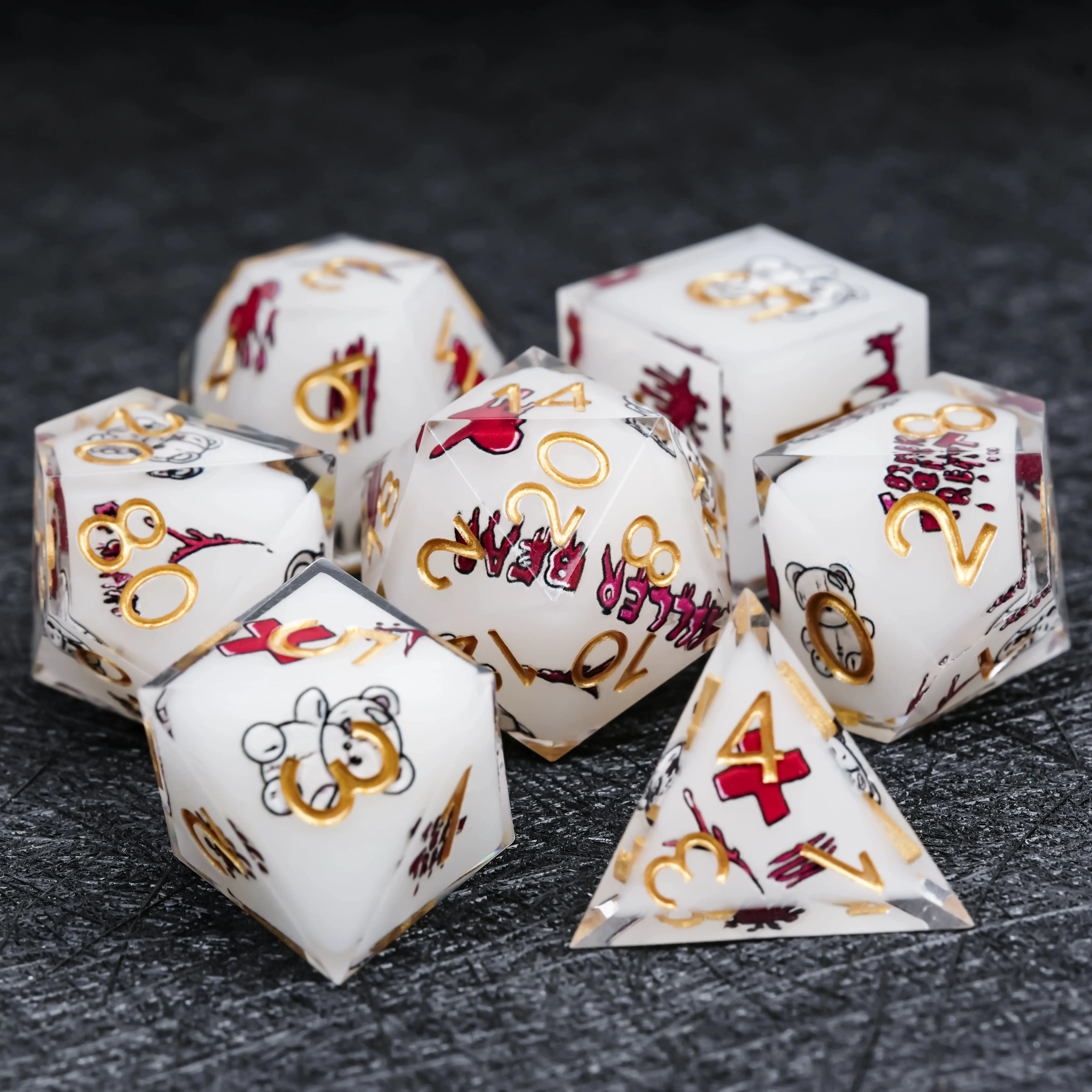 

7Pcs White DND Dice Halloween Resin Dice Set Golden Word Multi-sided Polyhedral Dice for D&D Game COC Role Playing RPG Table