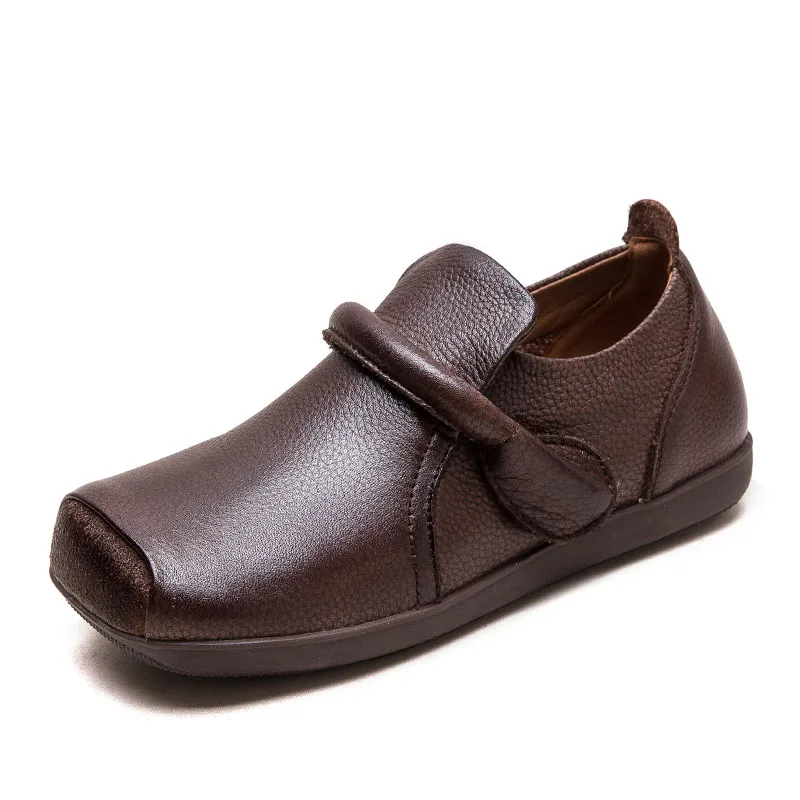 DRKANOL 2026 Spring Handmade Retro Genuine Cow Leather Flat Shoes For Women Square Toe Hook And Loop Comfort Casual Single Shoes
