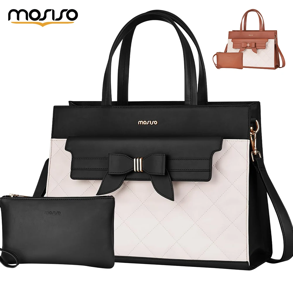 

MOSISO Tote Bag 15.6 inch PU Leather Flapover Pocket Tote Bag & Clutch Purse Work Bag with Bowknot for Women Waterproof Fashion