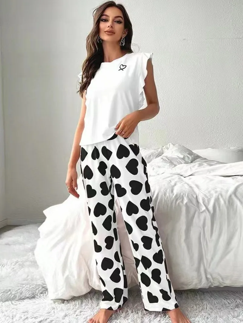 

New T-Shirt Long Pants Casual Women's Pant Sets Heart Print Sleeveless Round Neck Pure Desire Casual Style Pant Sets Sweet ZQ22