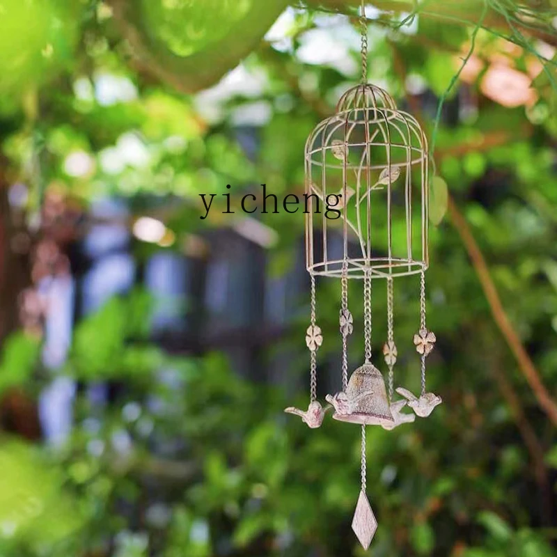 ZK Outdoor Iron Art Hanging Birdcage Wind Chime Courtyard Balcony Garden Hanging Decoration Bell Vintage Distressed Ornament