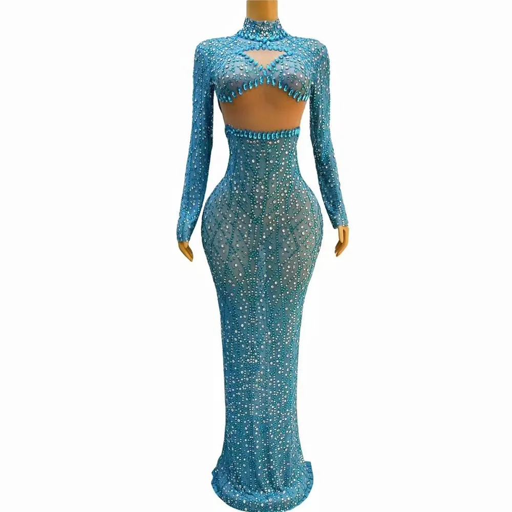 

Sexy Stage Elegant Blue Shining Rhinestones Transparent Mesh Long Sleeves Dress Women Evening Party Prom Gown Red Carpet Costume