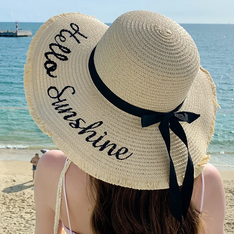 New Women Summer Beach Straw Hat Korean Seaside Brim Sunblock Sunshade Holiday Fashion Big Cool Bow Hat