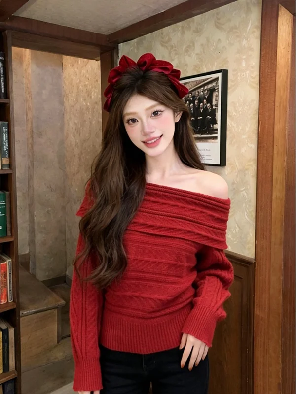 

Красный вязаный свитер на одно плечо для женщин, осенне-зимняя новинка, мягкий топ из полиэстера для повседневной носки