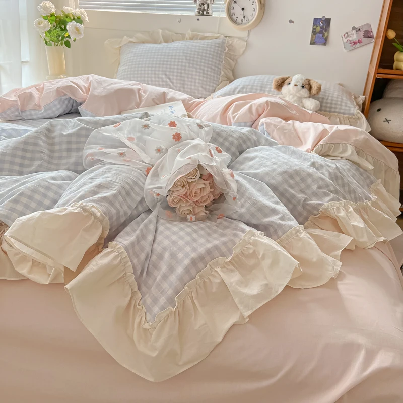 Ins Princess Style Bedding Sets Ruffle Lace Bow Quilt Cover Romantic Bedclothes Decor Woman Girls Bedroom Duvet Cover 4pcs