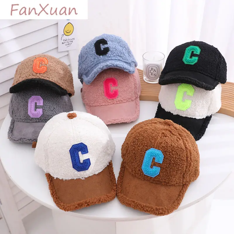 Fall Winter Baseball Cap for Children Boy Girl Winter Cap 3-8 years Kids Plush Hats with Letter Bicolor Thick Snapback Hats