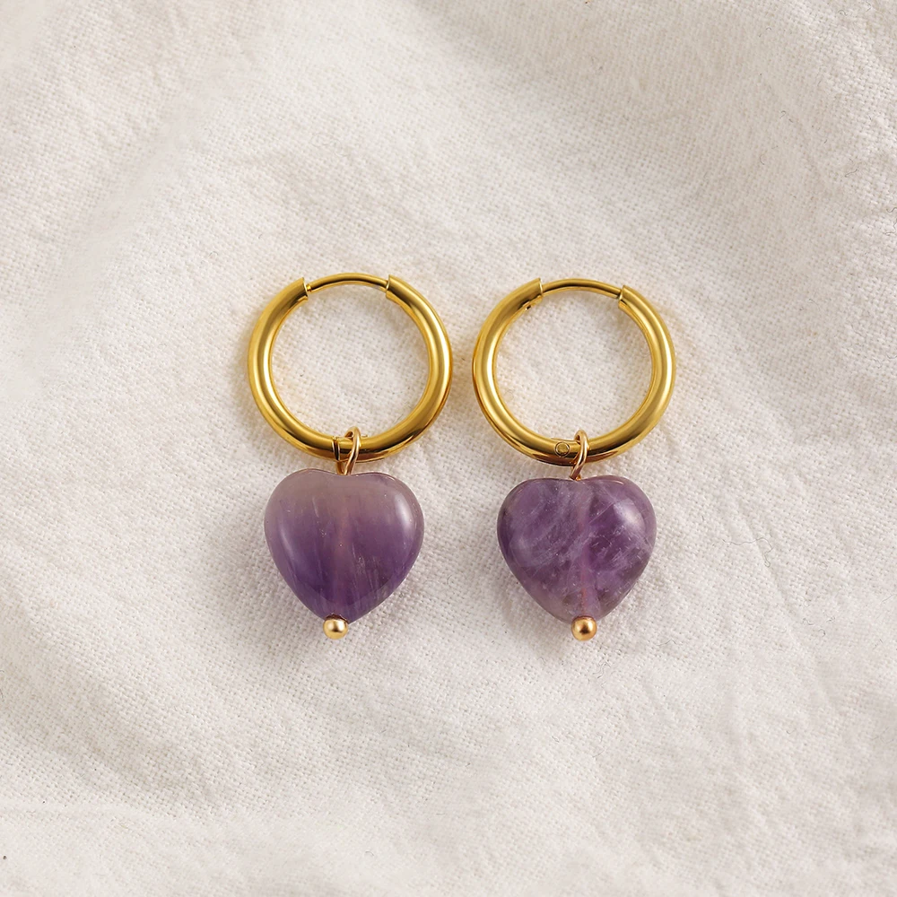 أقراط متدلية أنيقة على شكل قلب من الأحجار الكريمة للنساء ، حبات من الأحجار الطبيعية ، الفولاذ المقاوم للصدأ ، الطوق الدائري ، هدايا العناق