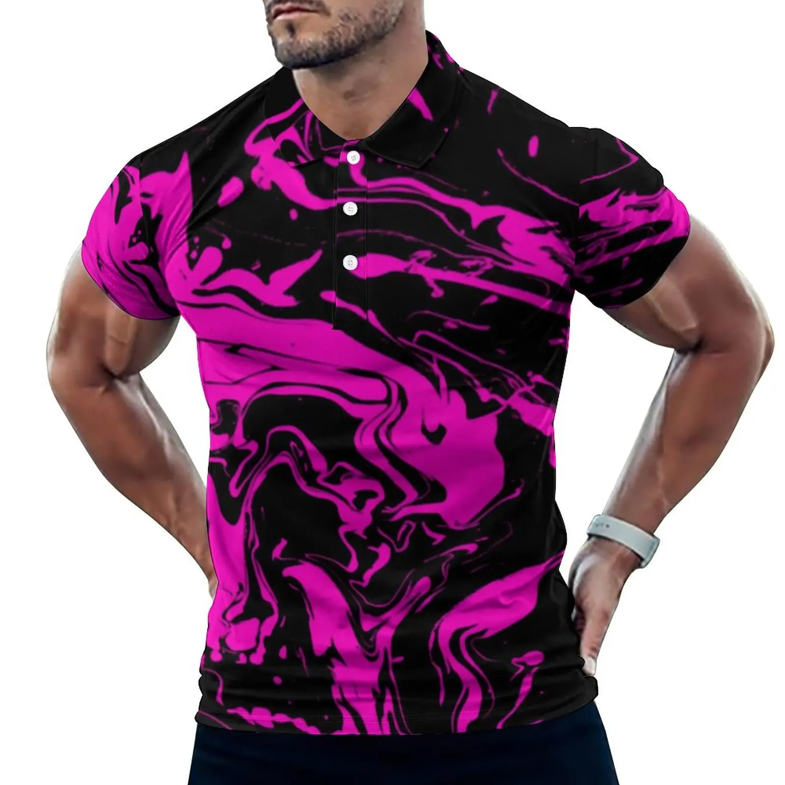 

Paint Splatter Print Casual T-Shirts Pink Abstract Swirl Polo Shirt Turn-Down Collar Aesthetic Shirt Beach Mens Custom Clothing