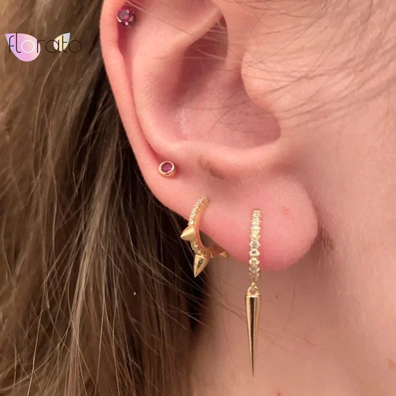 Pendientes de aro con remaches de Metal Punk para mujer, de Plata de Ley 925, pendientes minimalistas con Piercing para oreja, joyería de personalidad