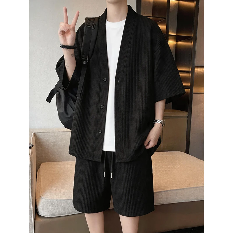 Conjunto de Verano 2026: Cárdigan de Manga Corta para Hombre, Conjunto de Dos Piezas con Pantalones Cortos Casuales a la Moda, Versión Coreana, Camiseta Estilo Japonés