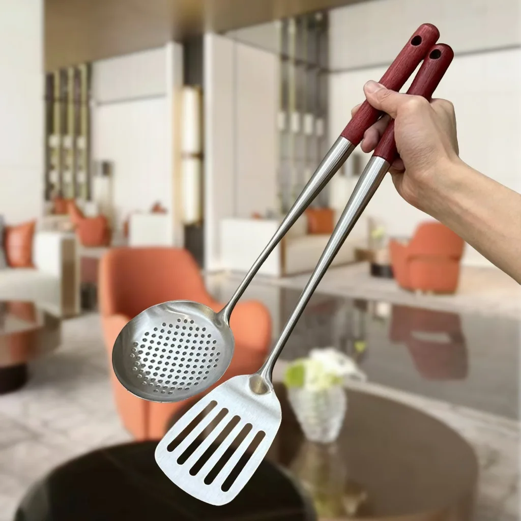 Stainless Steel Stir-fry Spoon Stir-fry Spatula Household Stir-fry Shovel Soup Spoon Extended Wooden Handle Kitchenware